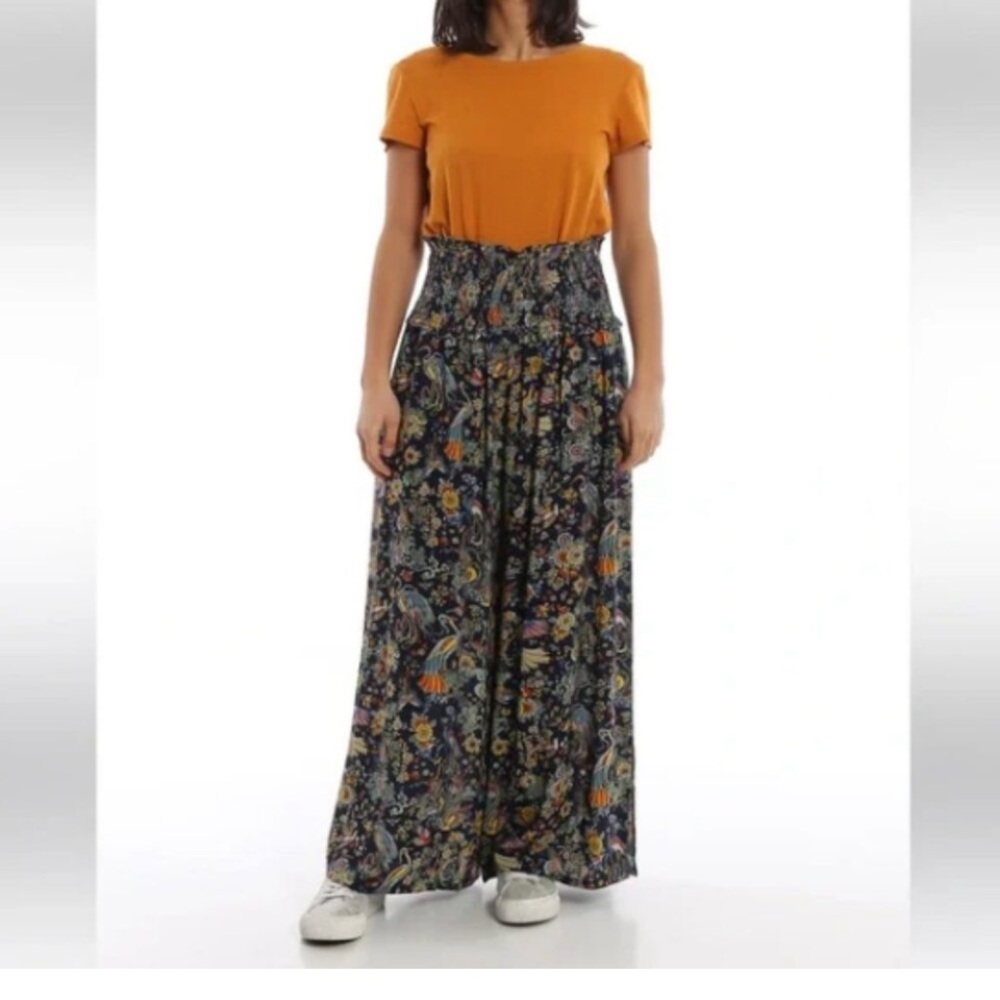 Tory Burch Navy Blue Floral Bird Promised Land Wide Leg Smocked Beach Pant